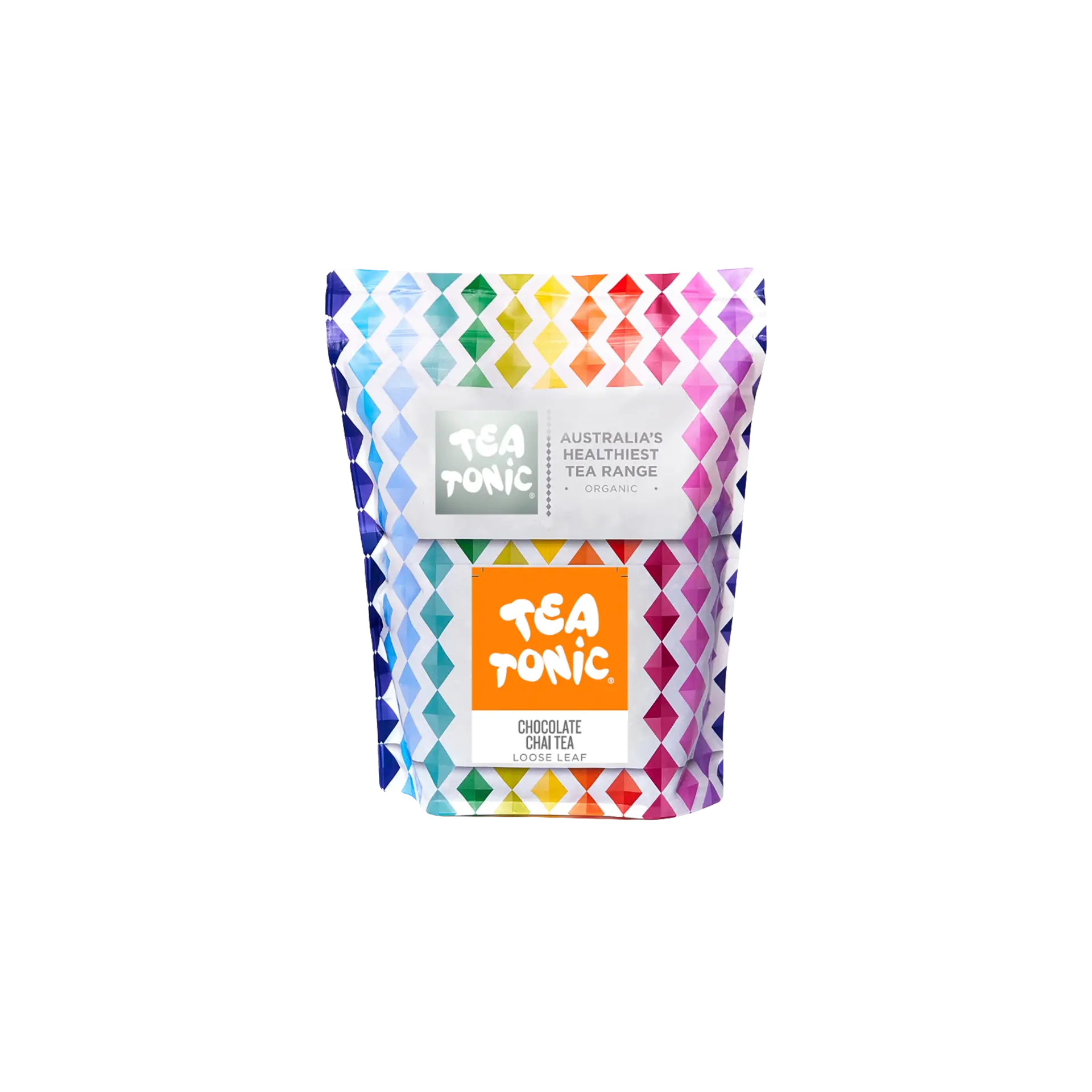 Tea Tonic packaging with colorful geometric pattern on a white background