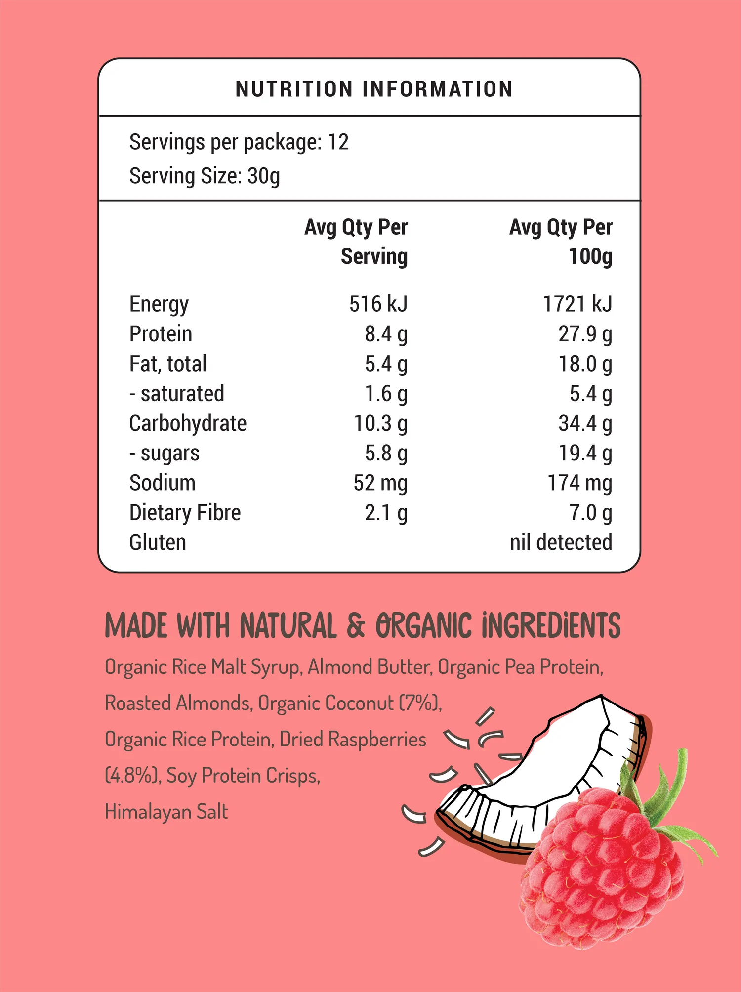 FOD BODS Bars FODBODS Low FODMAP Raspberry Coconut 30g